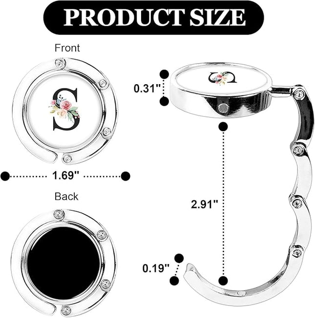 XSUIOY 3Pcs Personalized Initial Foldable Purse Hook for Table,Crushed Flower Letters Folding Purse Hanger,Purse Holder Handbag Hanger Collection Desk Table Bag Hooks Gifts for Women Bag(Black-S)