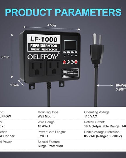 Refrigerator Surge Protector, Time Delay and Real-time Display, Voltage Protector, 2 Outlet Surge Protector for Home Appliances, with Mounting Screws, Black