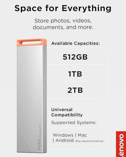 Lenovo PS8S 512GB Portable SSD, Up to 1050MB/s Read, 1000MB/s Write, USB 3.2 USB-C, Slim Lightweight (40g) Aluminum Body, Reliable Storage for PC/Mac & Android