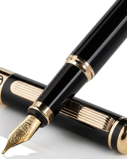 Scriveiner Luxury Fountain Pen - Stunning Black Lacquer Pen, Real Gold Finish, Schmidt Gilded Nib (Broad), Converter, Best Pen Gift Set for Men & Women, Professional, Executive, Office, Nice Pens