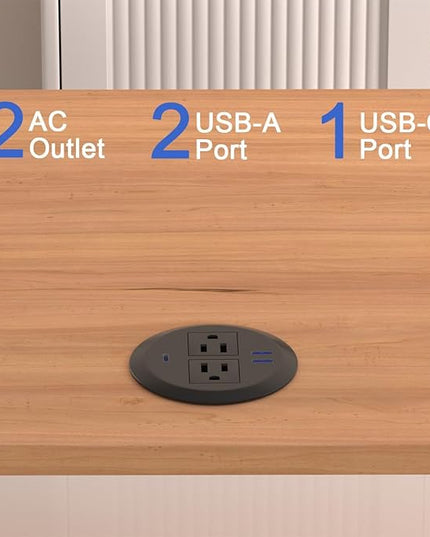 2 Pack Desktop Power Grommet,PD20W Fast Charging USB-C.3-inch Round Flush-Mount Desk Outlet,Meeoueoiu Recessed Grommet Outlet,3 USB Ports,2 AC Outlets,ETL Listed,6.5-FT Cord,Black