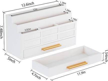 dreampossible white Wood Desk Organizer and Accessories with Drawer, Bill Mail Organizer and File Mail Holder for Office Supplies, Rustic Desk Accessories & Workspace Organizers for Desk Organization