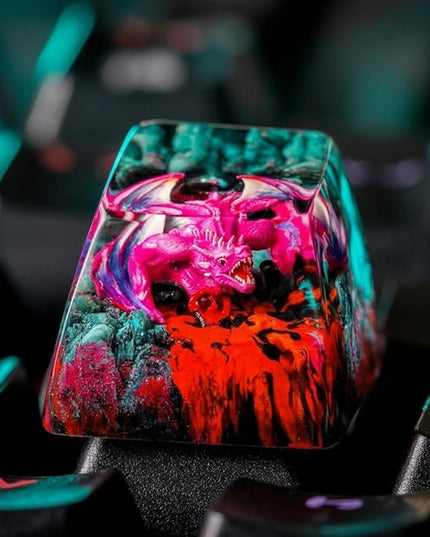 Pink Dragon with Volcano Cool Artisan Keycap R1 SA Profile Custom Fantasy Dragon Keycaps 1U ESC Handmade Gaming Resin Key Cap Cherry MX Switch Compatible Mechanical Keyboard Dragon Lover Gift