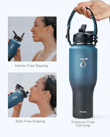 Trebo 40 oz Water Bottle Insulated Fit in Any Car Cup Holder,Triple Wall Vacuum Insulated Water Bottle (Cold for 48 Hrs, Hot for 24 Hrs),Leakproof Stainless Steel Tumbler Flask with Paracord Handle
