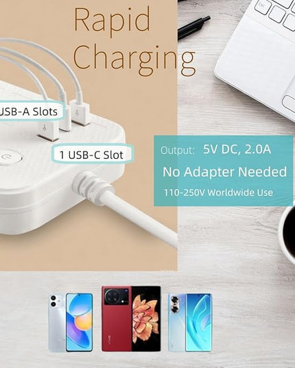 6Ft Extension Cord with Multiple Outlets, Surge Protector Power Strip 4 AC Outlet s & 3 USB Ports Dual Voltage Multi Plug Outlet Extender for Home, Office, Dorm Room Essentials, White