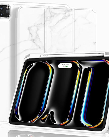 ZryXal iPad Pro 11 Inch Case (M5) 2025/ (M4) 2024 (Model: A2836/A2837/A3006), Trifold Stand Smart Cover with Pencil Holder and Soft TPU Back, Auto Wake/Sleep (Marble White)