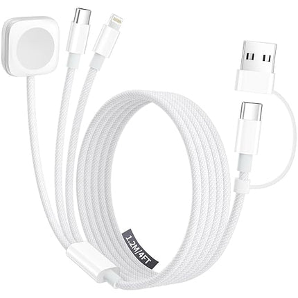 Travel Charger for Apple Watch, 3 in 2 Multi Charging Cable/Cord with Lightning/USB C/iWatch Charger, Travel Chargers for Multiple Devices, Compatible with iWatch Series/iPhone 17-8/iPad/AirPods 4FT