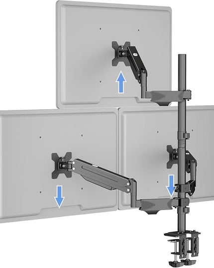 Pholiten Triple Monitor Stand, Mount for 3 Screens up to 32 inches & 22lbs Each, Full Motion Gas Spring Monitor Arm with Clamp Mounting, for Desktops, Computer Monitors