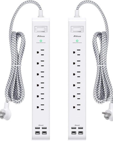 2 Pack Power Strip, 12FT Long Extension Cord, Surge Protector with 6 Outlets and 4 USB Ports (2 USB C), Flat Plug Overload Protection, Extension Cord 10+ ft, Wall Mount for Home Office Dorm College