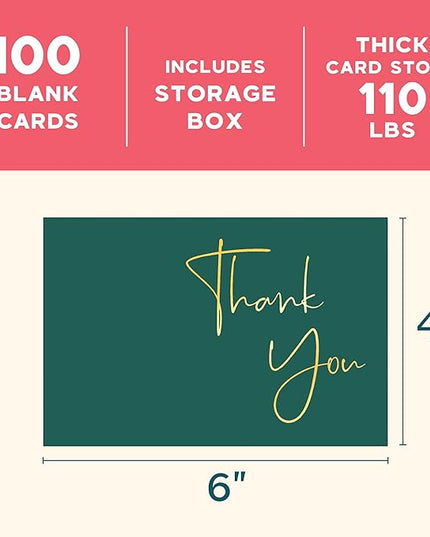 VNS Creations Gold Foil Thank You Cards With Envelopes Bulk Set & Stickers - 100 Pack 4x6 Blank Thank You Notes Set - Large Note Card Small Business, Wedding, Baby Shower & Bridal Shower - Post Green