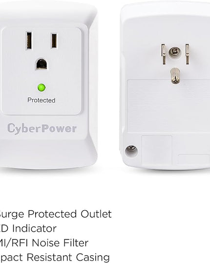 CyberPower CSB100W Essential Surge Protector, 900J/125V, 1 Outlet, Wall Tap, White, UL Listed