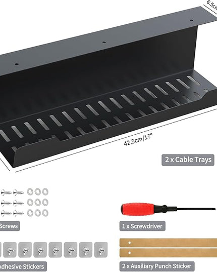 VIDOR Under Desk Cable Management Tray 2-Pack, 17" Cord Organizer, No Drill Alloy Steel, Perfect for Standing Desk and Office Home Wire Management