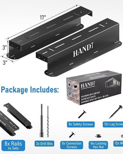 HANDT Overhead Garage Storage Rack, Connectable Heavy Duty Metal Ceiling Rails For Garage Storage Organization Shelving System, Hanging Racks For Tote Containers, Supports Up To 6 Bins, 4 Sets Black