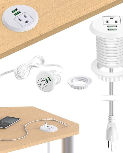 Desktop Power Grommet,Desk Grommet Outlet 2 inch Hole,Power Grommet with USB, Easy Access to 1 power Source Along with 2 USB Power Port Connections(white)