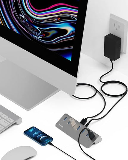Achoro 7 Ports Powered USB HUB – 2nd Generation 10GB Super Speed External USB Port – USB 3.2 Aluminium USB Hub for Computer, Mac, PCs, Smartphone & Tablets – Computer Multiple USB Hub (POWERED SILVER)