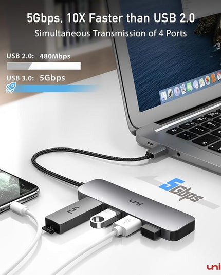 uni USB C to USB Hub Multiport Adapter, Aluminum 4 Ports USB C Splitter for Laptop, Slim Thunderbolt 3/4 Data USB Hub Compatible for MacBook Pro/Air, iPad Pro, Dell, Chromebook | Keyboard, Mouse, HDD