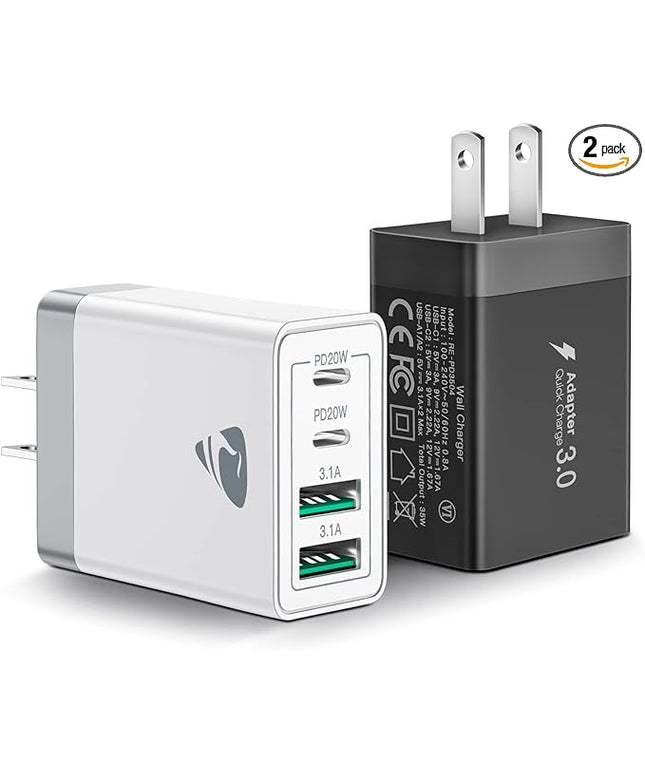 [2-Pack] USB C Wall Charger, Aiminu 40W Fast USB C Charger, 4-Port QC+PD 3.0 Power Adapter Double Fast Wall Plug Type C Charging Block for iPhone 15/14 Pro Max/13/12 mini/11/XS/XR,Tablet, Cube