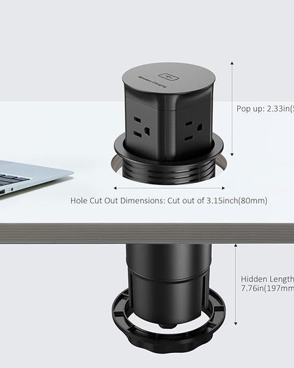 Jgstkcity Pop Up Outlet with 15W Wireless Charger,4 Outlets 15A, Splash Resistant,3 inch Desk Hole Power Grommet,Space Saver Outlet for Kitchen Countertop,Office Conference Table,ETL Listed (Black)