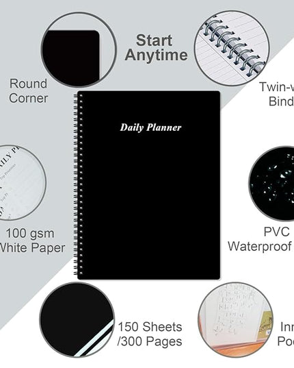 Daily Planner Undated - A4 To Do List Notebook Hourly Schedules, Spiral Appointment Planner for Women and Men,PVC Hardcover, Inner Pocket, Elastic Closure, 8.5" x 11", Black