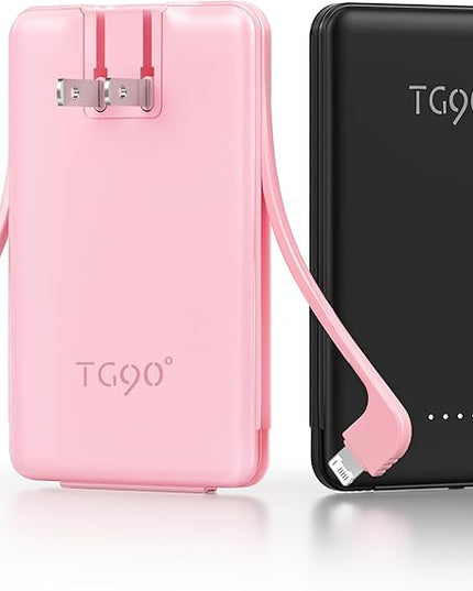 TG90° 2 Pack 5000mAh Portable Charger,Mini Power Bank Built-in Foldable AC Plug and Cables,Pocket Size USB C External Battery Pack Compatible with iPhone 17 16 15 14 Samsung Google iPad,Black & Pink