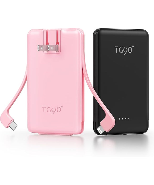 TG90° 2 Pack 5000mAh Portable Charger,Mini Power Bank Built-in Foldable AC Plug and Cables,Pocket Size USB C External Battery Pack Compatible with iPhone 17 16 15 14 Samsung Google iPad,Black & Pink