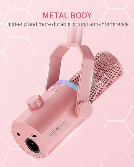 FEELWORLD PM1 XLR USB Dynamic Microphone with Desktop Stand Gifts for Podcast Recording PC Computer Gaming Streaming Vocal Voice-Over, Studio Metal Mic, RGB Light, Mute Button, Headphones Jack (Pink)