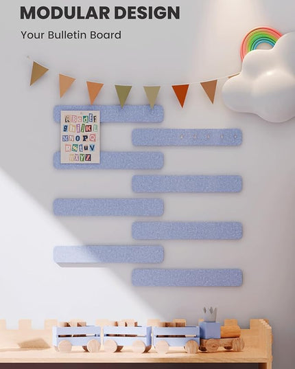 Fluxynara Cork Board Alternative Felt Strip Board 8-Pack 13"x2", Office Pin Board with 50 Push Pins, Adhesive Install for Bedroom Door & Home Office(Soft Periwinkle)