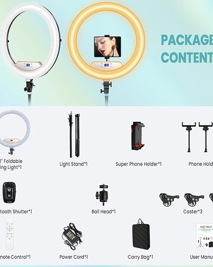 MACTREM 22" Foldable Ring Light with Stand for iPhone ipad, 75" Tripod with Wheels 50W 6500K LED Display/2 USB Ports Large Ringlight Rolling, Tattoo Barber Makeup Studio Video Photography Lighting