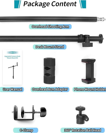 Overhead Camera Mount Desk Stand, Camera Arm Desk Mount Clamp Stand with 360°Adjustable Magic Arm, Webcam Arm Mount Stand w Ballhead Phone Mount for Desk Logitech Microphone Video Light Cell Phone