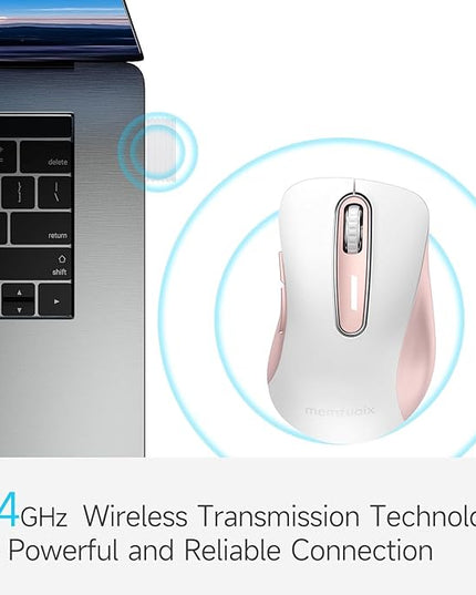 memzuoix 2.4G Wireless Mouse, 1400 DPI Computer Mice with USB Receiver, Portable Wireless USB Mouse Battery Powered Cordless Mice for Laptop, PC, Desktop, 5 Buttons (White Pink)