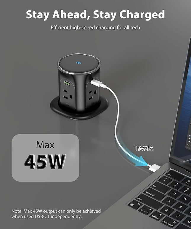 Pop Up Countertop Outlet with 2 PD 45W USB C Charging Station, 3.15 in Hole Electrical Power Outlets Insert in 4 Plugs 4 USB Ports 15W Wireless Charger for Desktop Kitchen Countertop