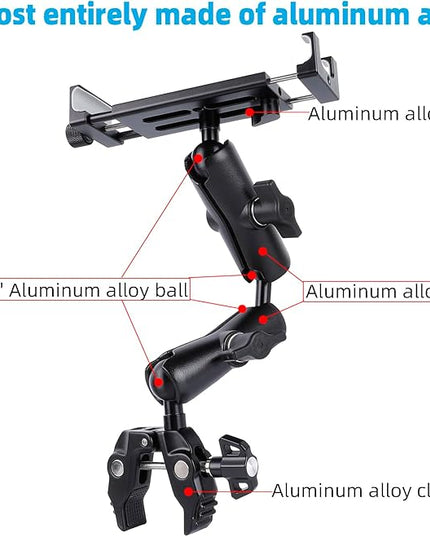 Aluminum Dual Arm Tablet Mount with Super Clamp for Rails 0.5'' to 2'' in Diameter, Side Mount Tablet Holder for Mic Stand, Compatible with iPad Pro 12.9 Air Mini, Galaxy Tab, 4.7-12.9" Tablets