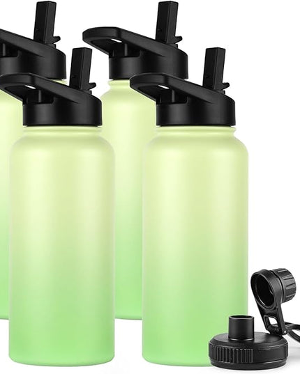 DOMICARE 32 oz Insulated Water Bottle Bulk, Vacuum Insulated Stainless Steel Sports Water Bottle with Straw Lid & Spout Lid, Leakproof, Reusable - Travel, Camping, Bike, Green Gradient (4 Pack)
