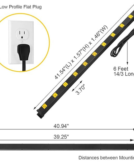 SURAIELEC 10 Outlet Long Power Strip Surge Protector, Industrial Heavy Duty Metal Shop Power Strip Flat Plug, 1000 Joules, 15 A Breaker, 6FT Cord, Wall Mountable, for Work Bench, Shop, Garage, 2 Pack