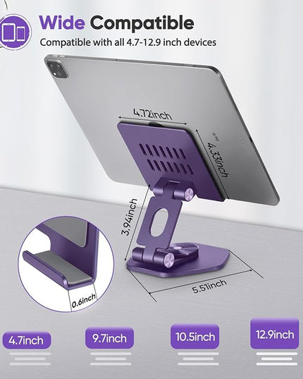 Foldable Aluminum Tablet Stand for Desk, 360° Swivel iPad & Tablet Holder – Portable & Stable Desktop Mount for 5–12.9in Devices, Purple