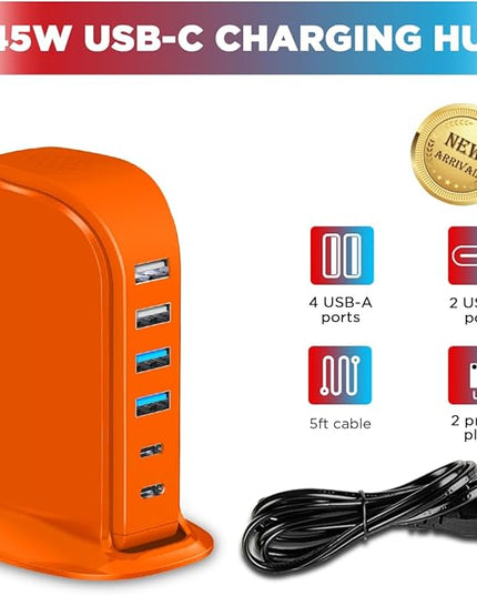 Upoy Dual USB C Charger Block, Charging Station for Multiple Devices 45W Total, USB Tower Hub Travel Ready, 6 Ports Charging Blocks for Guest Room, Office, Desk