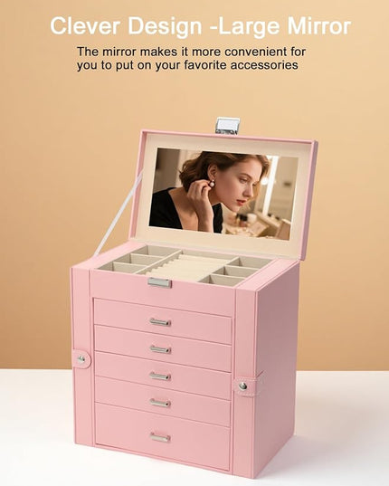 BOOVO Jewelry Box For women, 6 Layer Large Jewelry Organizer With Mirror, Multi-Function Storage Box With Lock, Necklace Holder With 5 Drawers, For Earrings Necklace Bracelet (Silver and Pink)