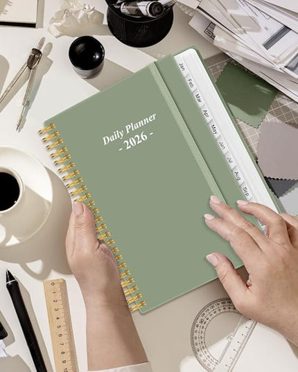 Daily Planner 2026 Full Page Per Day- 2026 Daily & Monthly Planner from January 2026 to December 2026, Day Planner 2026 with 12 Months Tabs, 6.4" x 8,5", Green