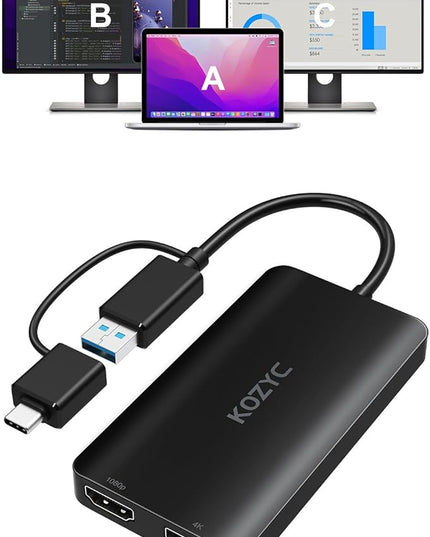 KOZYC USB 3.0 to HDMI Splitter Extended Display Dual Monitors, USB 3.0-A/C to Dual HDMI Adapter 4K@30Hz+1080p@60Hz Compatible MacBook/MacBook Pro Air Dell (MST Support MacOS/Windows)
