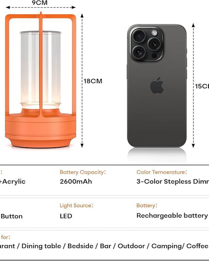 Portable Metal Table Lamp for Indoor/Outdoor ,Rechargeable Cordless LED Lamp, 3-Colour Infinitely Dimming Battery Powered Small Desk Lamp, Restaurant/Bedroom/Bar/Coffee Shop/Camping Light (Orange)