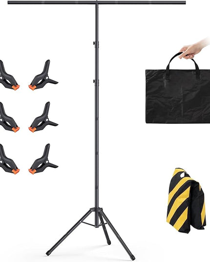 T-Shape Backdrop Stand 8x5.3FT, Height and Width Adjustable Background Stand for Parties,Green Screen Holder with 6 Spring Clamps