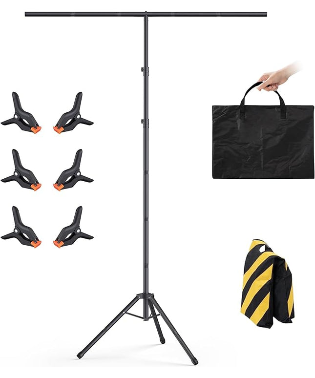 T-Shape Backdrop Stand 8x5.3FT, Height and Width Adjustable Background Stand for Parties,Green Screen Holder with 6 Spring Clamps