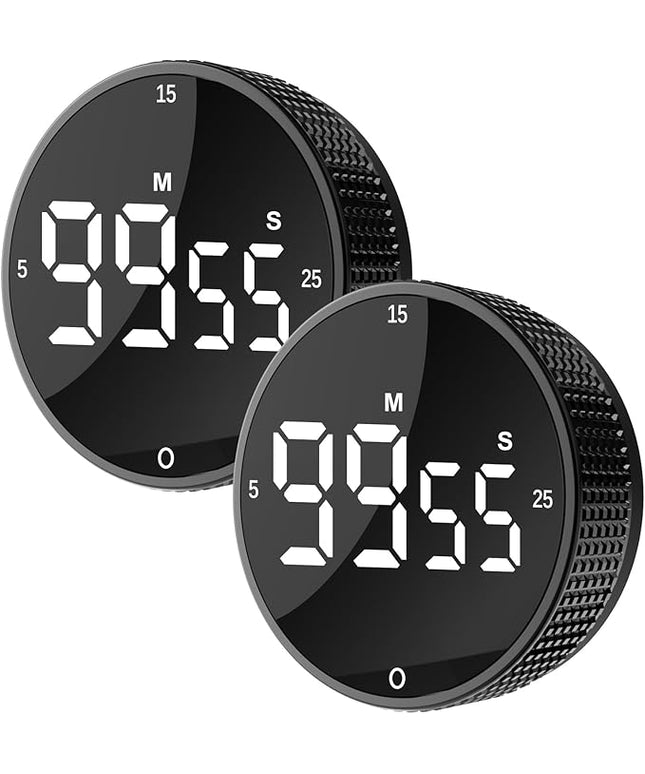 Upgrade Digital Kitchen Timer - 2 Pack Magnetic Countdown Countup Visual Pomodoro Timer with Large LED Display, 3-Preset Times, 3 Volume Levels, Ideal for Cooking, Baking and Fitness (2, Black)