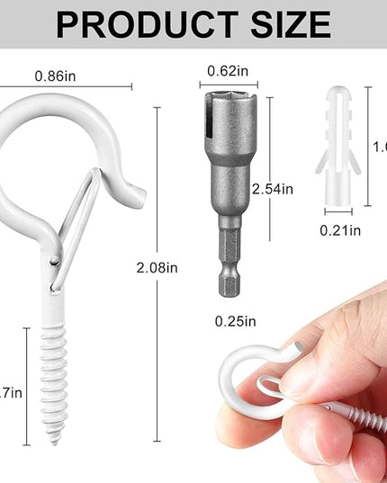 FSAH 96 PCS Q-Hanger Hooks, Screw Hooks for Outdoor String Lights, Safety Buckle Design Cup Eye Hook for Hanging Christmas Lights, Plants, Mounted on Wall Ceiling, Include 1 Wing Nut Driver, White