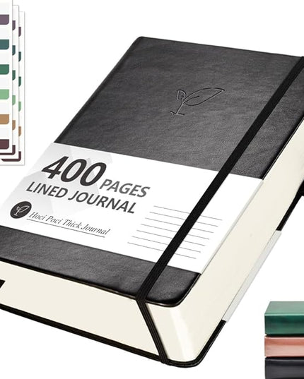 Lined Journal Notebook, 400 Pages Thick Journal for Writing, A5 Hardcover Leather Notebook with 100Gsm College Ruled Paper for Women Men Work Note taking, 5.8" x 8.4", Black