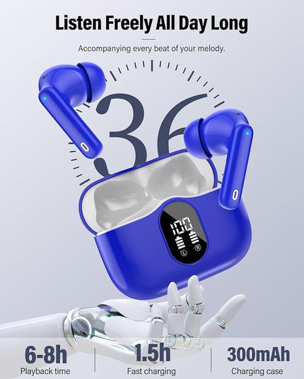 Wireless Earbuds, Bluetooth 5.4 Headphones Bass Stereo, Ear Buds with Noise Cancelling Mic, LED Display in Ear Earphones Clear Calls, IP7 Waterproof Bluetooth Earbuds for Laptop/Phones/Sports, Blue