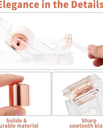Rose Gold Desk Accessories, Office Supplies Set with Acrylic Stapler, Tape Dispenser, Staple Remover, Pen Holder, Scissor, Binder Paper Clips, 1 Ballpoint Pen, 1 Clear Tape and 1000pcs Staples