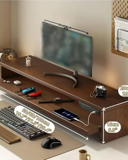 Wooden Monitor Stand Riser with Charging Ports, Dual-Layer Computer Stand, MDF Desktop Organizer for Computer, Laptop, Printer, TV, Easy Assembly Monitor Shelf of Desk(Khaki,100x20x15cm)