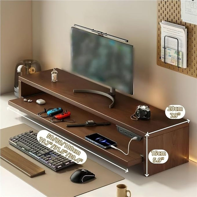 Wooden Monitor Stand Riser with Charging Ports, Dual-Layer Computer Stand, MDF Desktop Organizer for Computer, Laptop, Printer, TV, Easy Assembly Monitor Shelf of Desk(Brown,50x20x15cm)