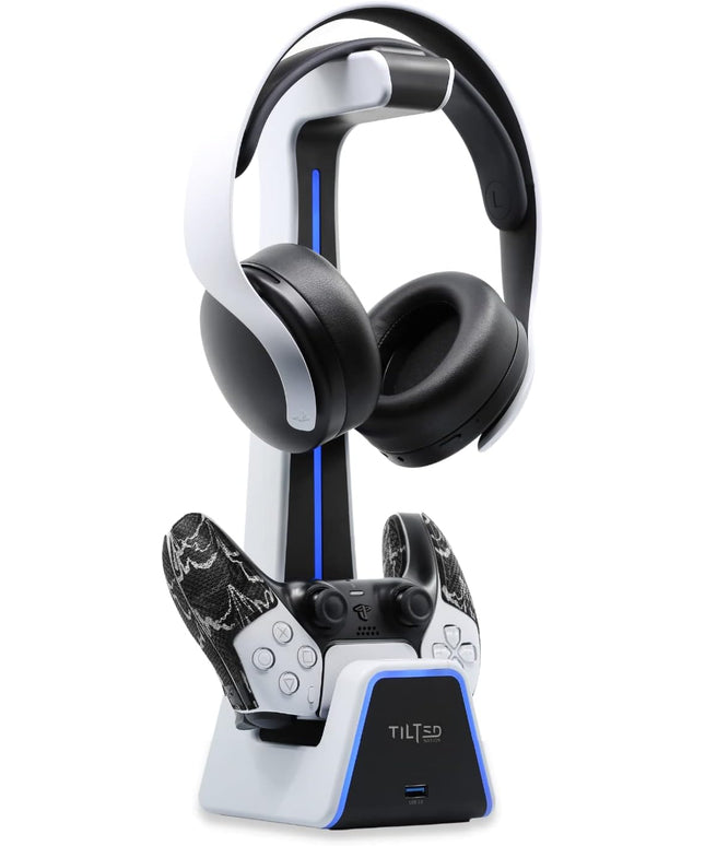 Tilted Nation Gaming Headset and Controller Stand | Premium PS5 Accessories (Clean Space with Charging Station) Headphone and Controller Holder for Desk, PlayStation 5, Xbox Game,